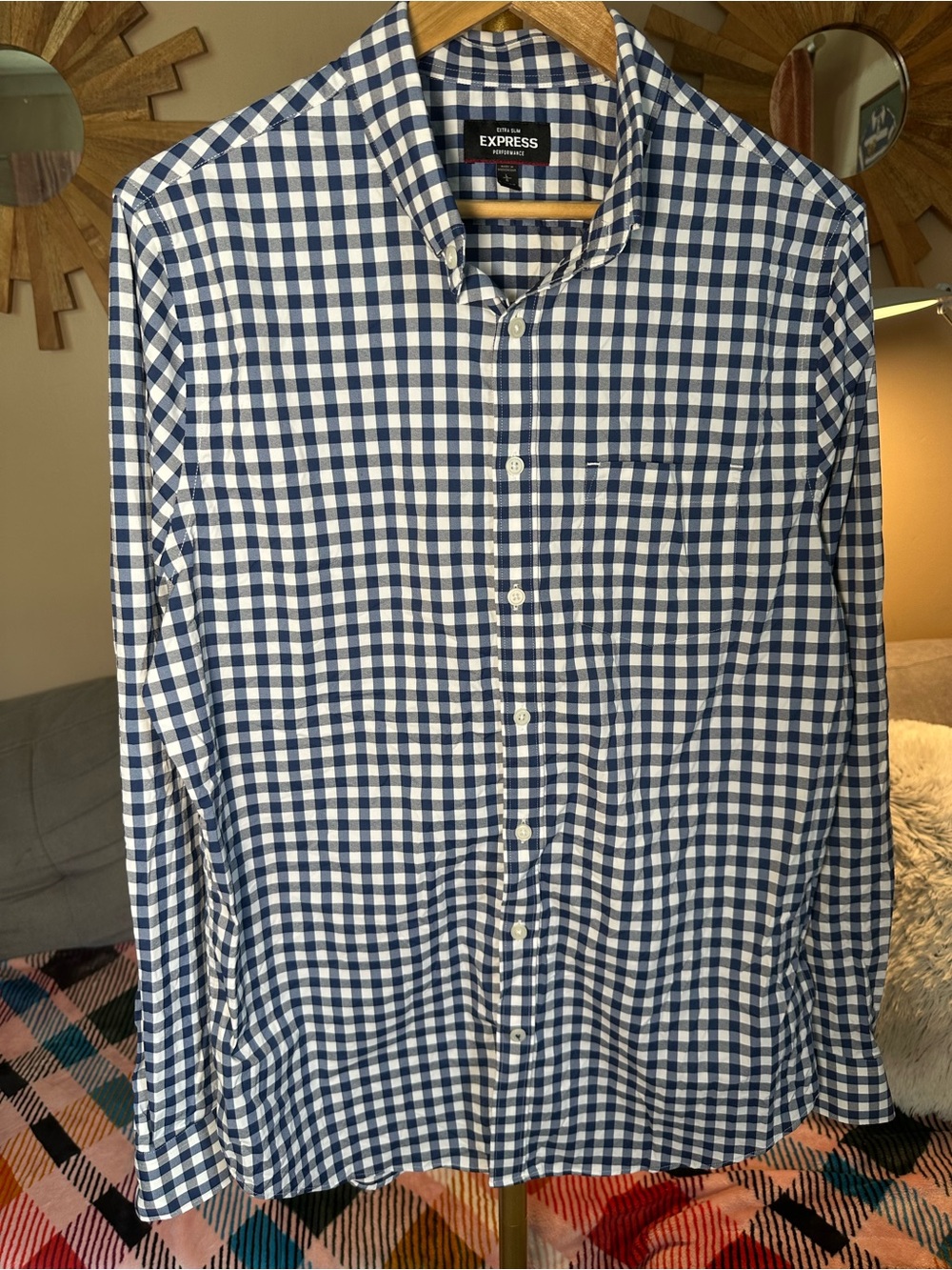 Express Men’s Navy and White Gingham Button-Down Shirt Performance Slim